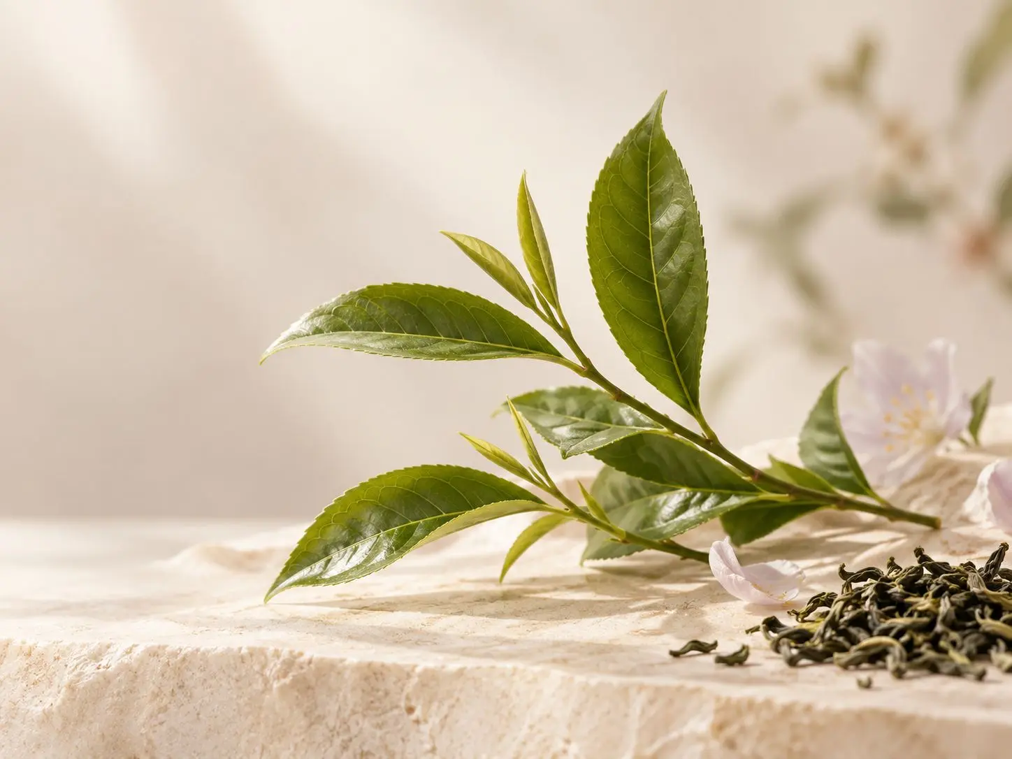 ใบชา Camellia sinensis จัดวางแบบบรรณาธิการบนพื้นโทนอุ่น