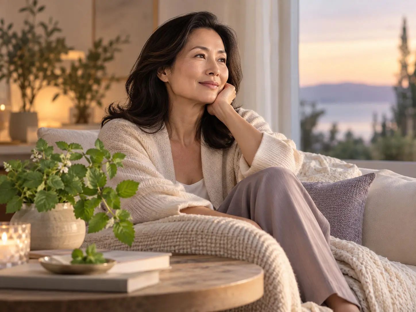 ผู้หญิงเอเชียวัยกลางคนนั่งพักอย่างผ่อนคลายในช่วงเย็น โดยมีใบเลมอนบาล์มเป็นองค์ประกอบ