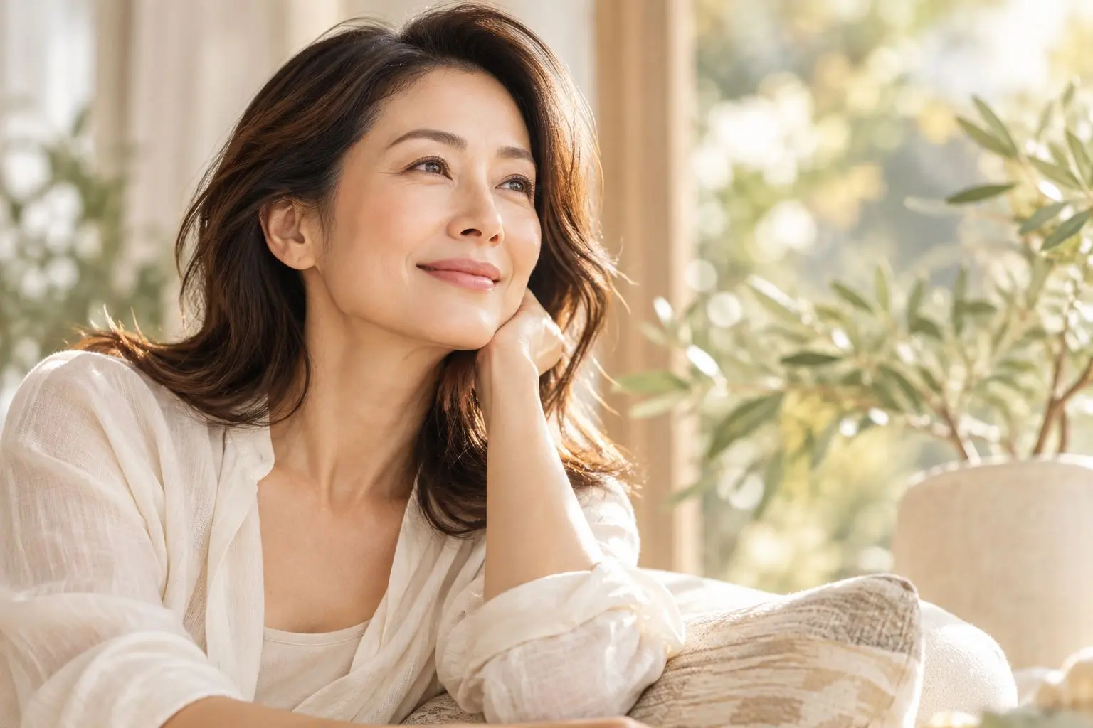ผู้หญิงเอเชียวัยกลางคนในแสงธรรมชาติอุ่น
