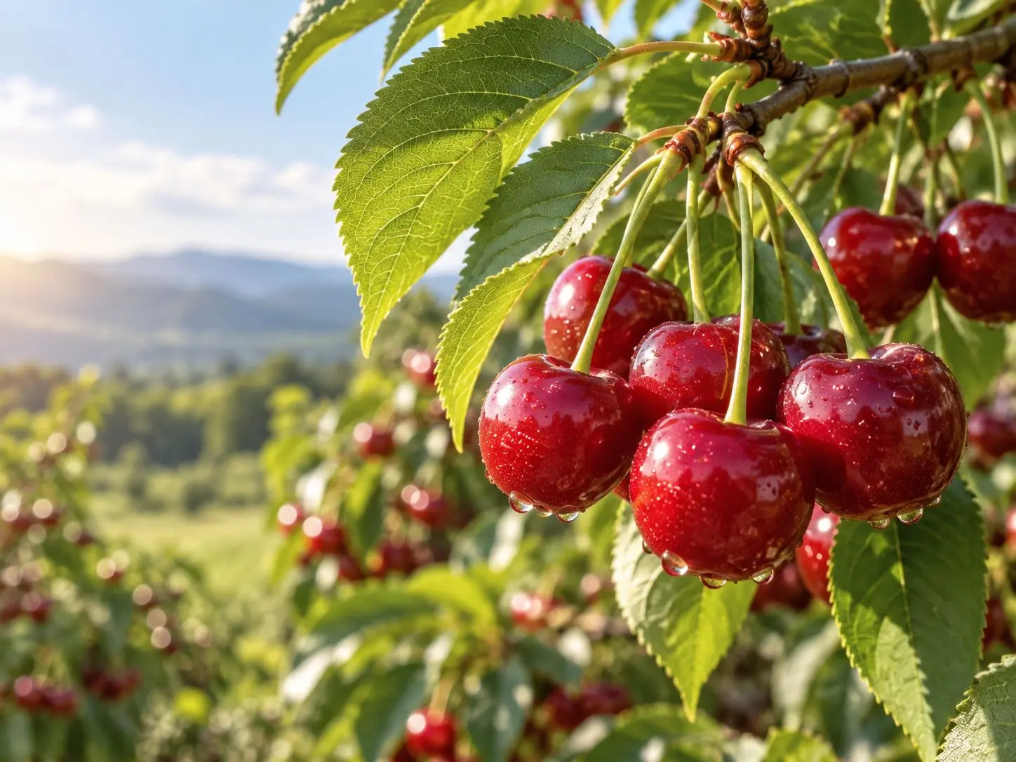 ผล Tart Cherry บนกิ่งพร้อมใบในสวน