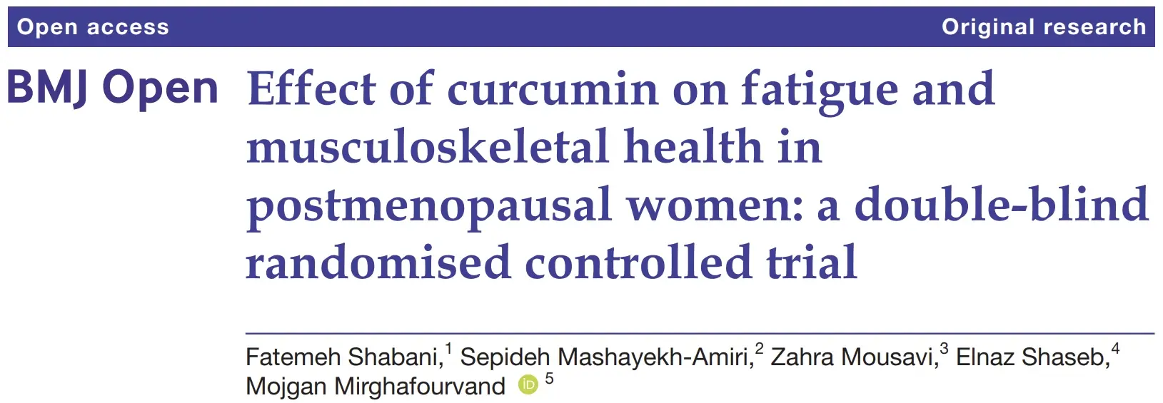 ส่วนหัวบทความ BMJ Open เรื่อง Curcumin กับ fatigue และ musculoskeletal health ในผู้หญิงหลังหมดประจำเดือน