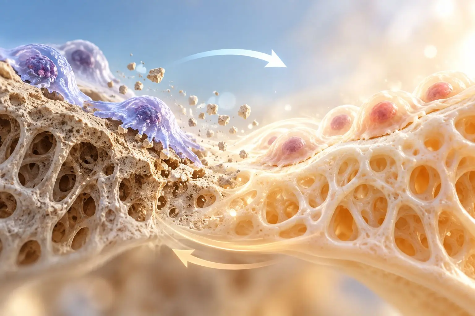 ภาพเชิงแนวคิดของการสลายและสร้างโครงสร้างกระดูกในกระบวนการ bone remodeling