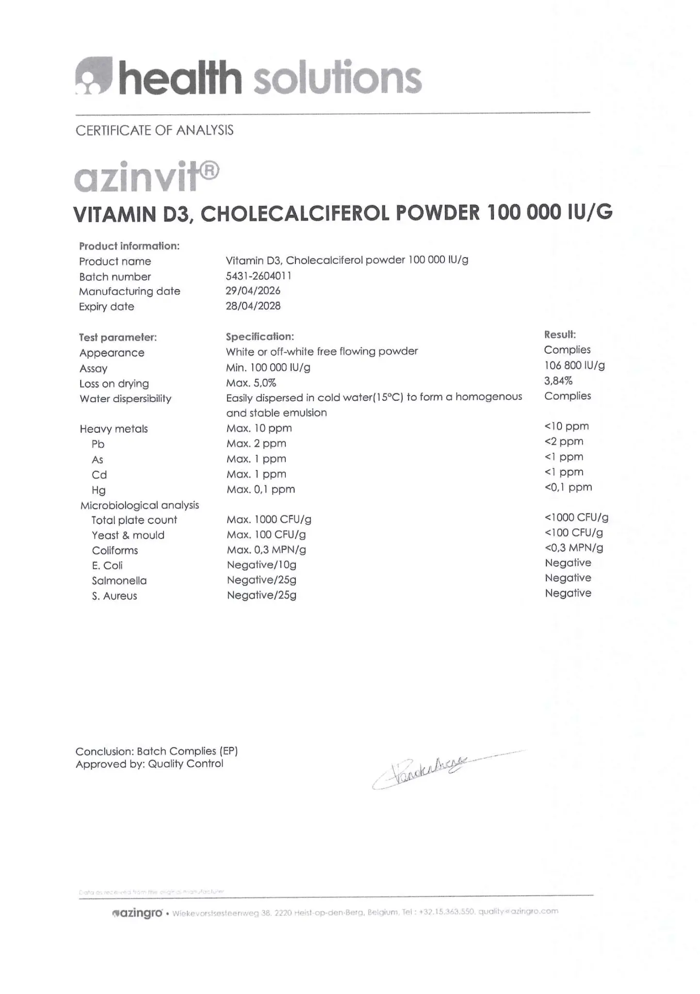 Certificate of Analysis ของ Vitamin D3 Cholecalciferol Powder 100,000 IU/g