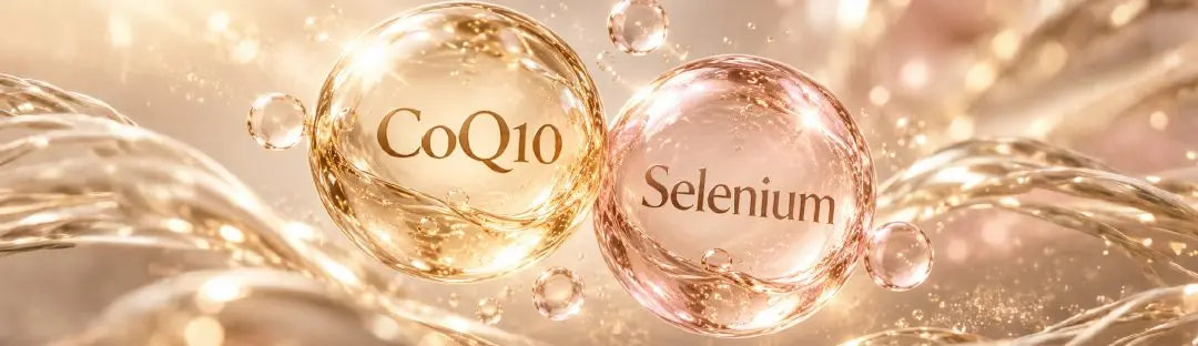 ภาพกราฟิกฟองกลมใสสีทองที่มีคำว่า CoQ10 และฟองสีชมพูอ่อนที่มีคำว่า Selenium ลอยอยู่บนริบบิ้นน้ำมันสีทอง