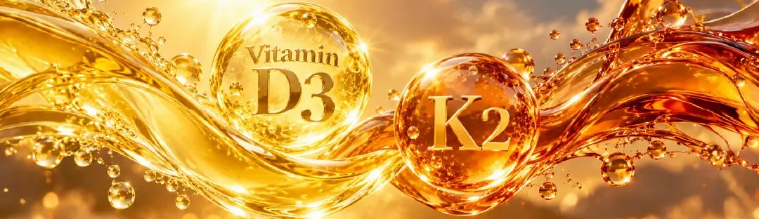 ภาพกราฟิกฟองกลมสีทองที่มีคำว่า Vitamin D3 และฟองสีส้มอำพันที่มีคำว่า K2 ลอยอยู่บนคลื่นน้ำมันสีทอง