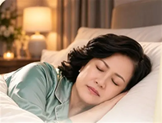 ผู้หญิงวัย 40+ นอนหลับอยู่บนเตียงในห้องที่มีไฟอ่านหนังสือเปิดอยู่